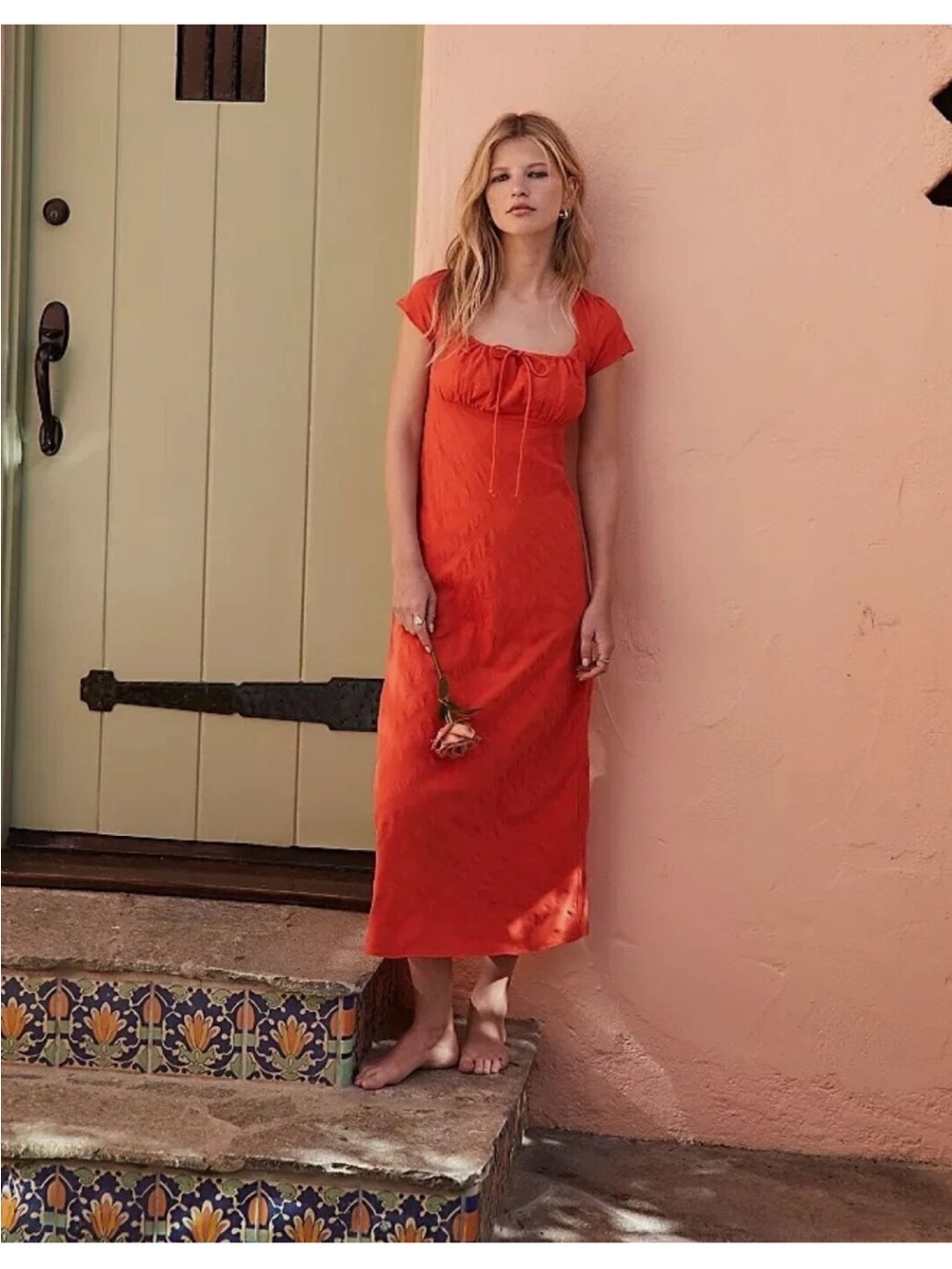 Free People Warm Up Red Square-Neck Midi Dress - Women Large NWT